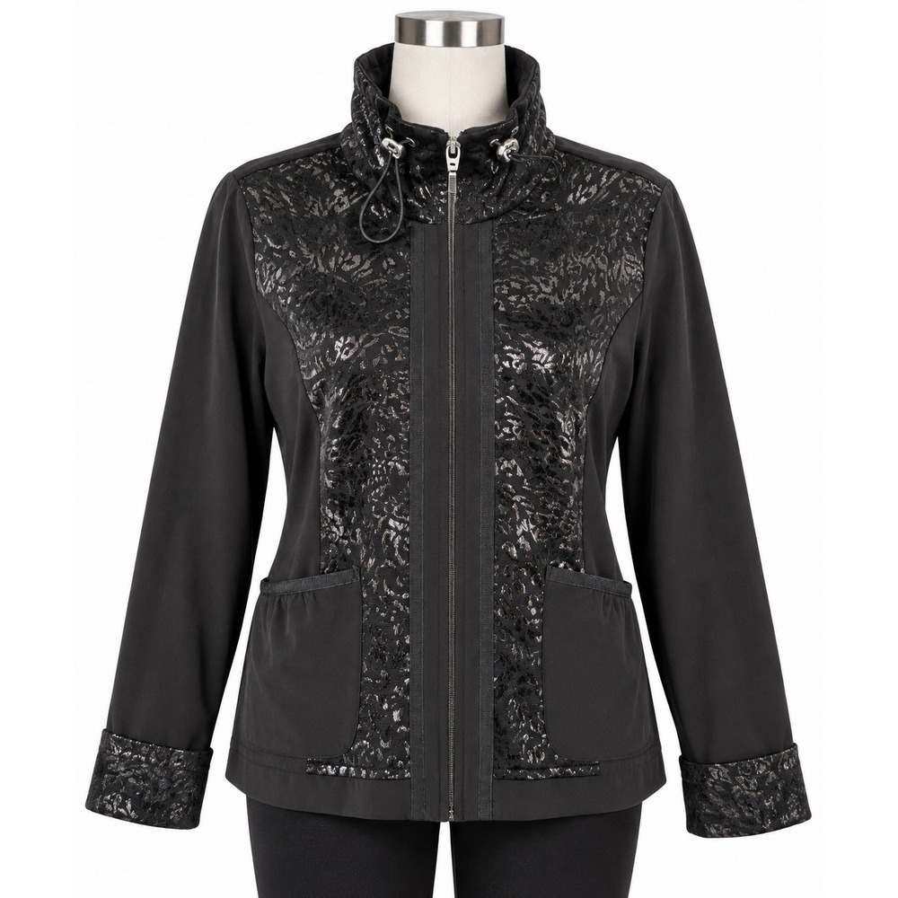 Zenergy by Chicos Black Metallic Leopard Print Full Zip Jacket Size 2 Large
